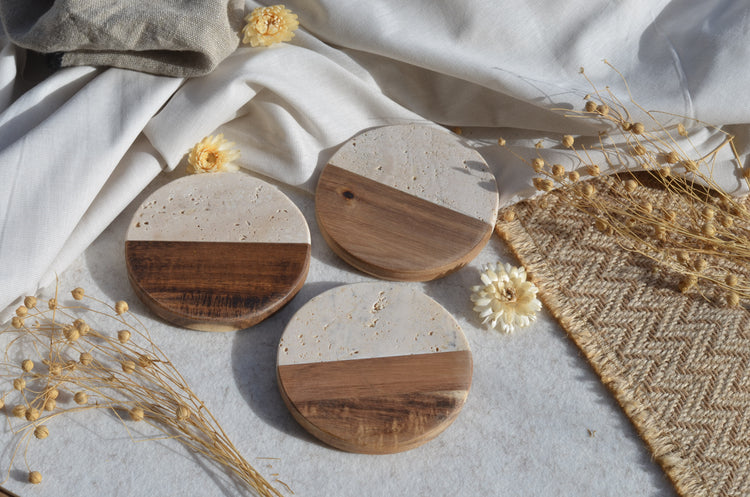 Untersetzer | Travertin oder dunkle Marmor-Holz-Untersetzer | Handgefertigt | Geschenk