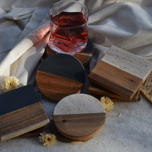 Untersetzer | Travertin oder dunkle Marmor-Holz-Untersetzer | Handgefertigt | Geschenk