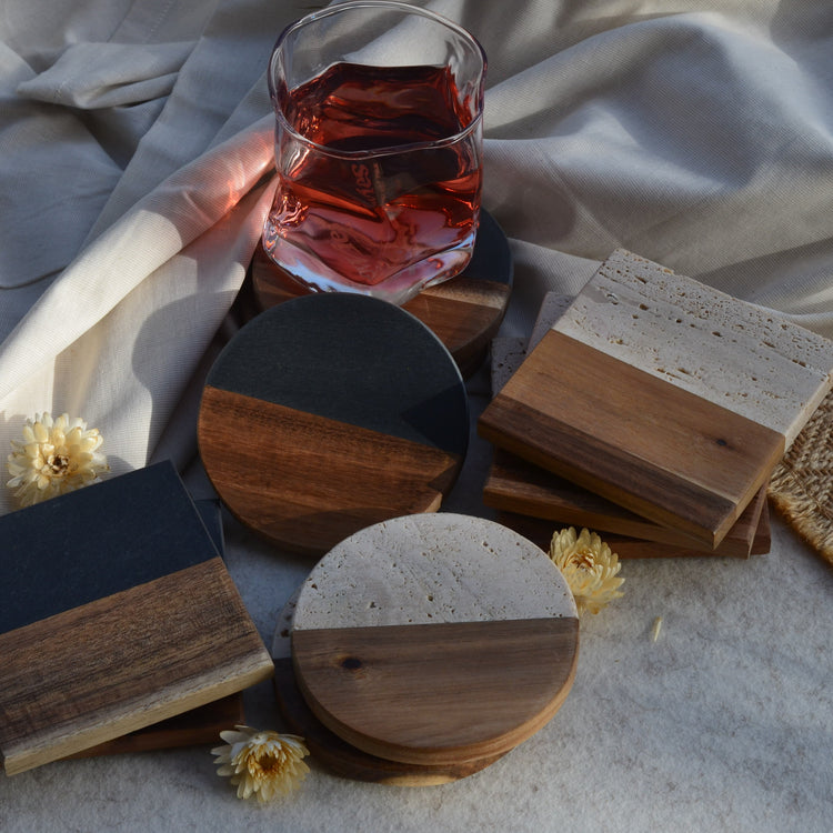 Untersetzer | Travertin oder dunkle Marmor-Holz-Untersetzer | Handgefertigt | Geschenk
